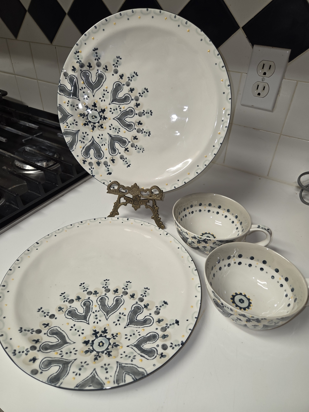 Anthropologie Hand-Painted Ceramic Plate and Mugsl Set in White and Navy